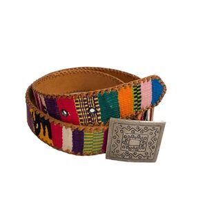 Lands End Native South Western Colorful Leather Belt With Metal Buckle